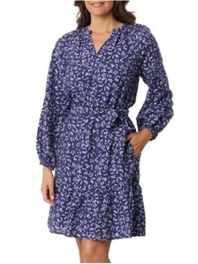 Draper James Blue Floral Long Sleeve Tie-Waist Dress